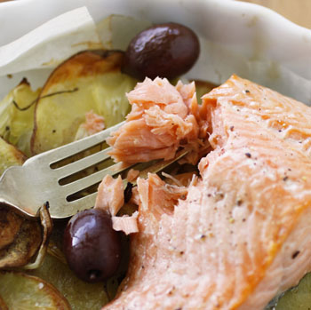 Baked Salmon with Fennel, Potato and Olives