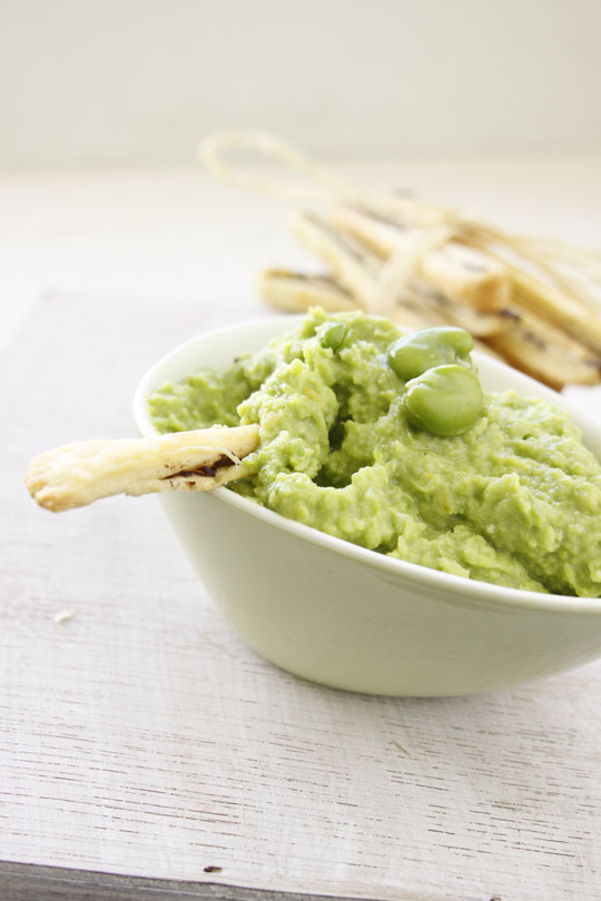 Broad Bean and Avocado Dip with Tapenade Straws