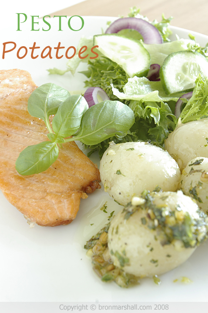 Donna Hay's Rough Chop Basil Pesto on New
Jersey Benne Potatoes, Pan-fried Akaroa Salmon & Simple Garden Salad